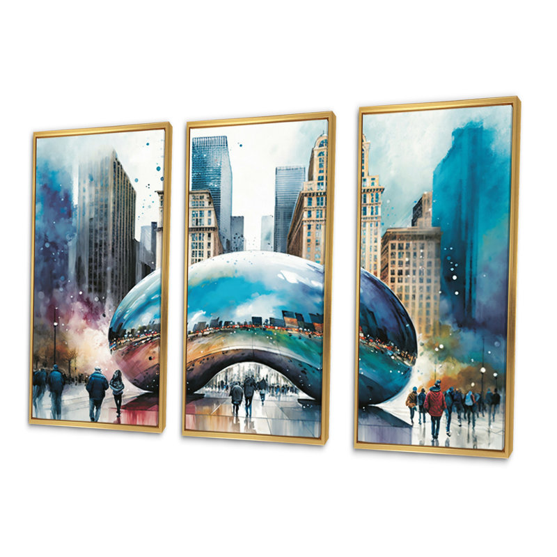 City Architecture I - 3 pièces sur toile, H 28 po x l 36 po x P 1 po, Encadrement doré