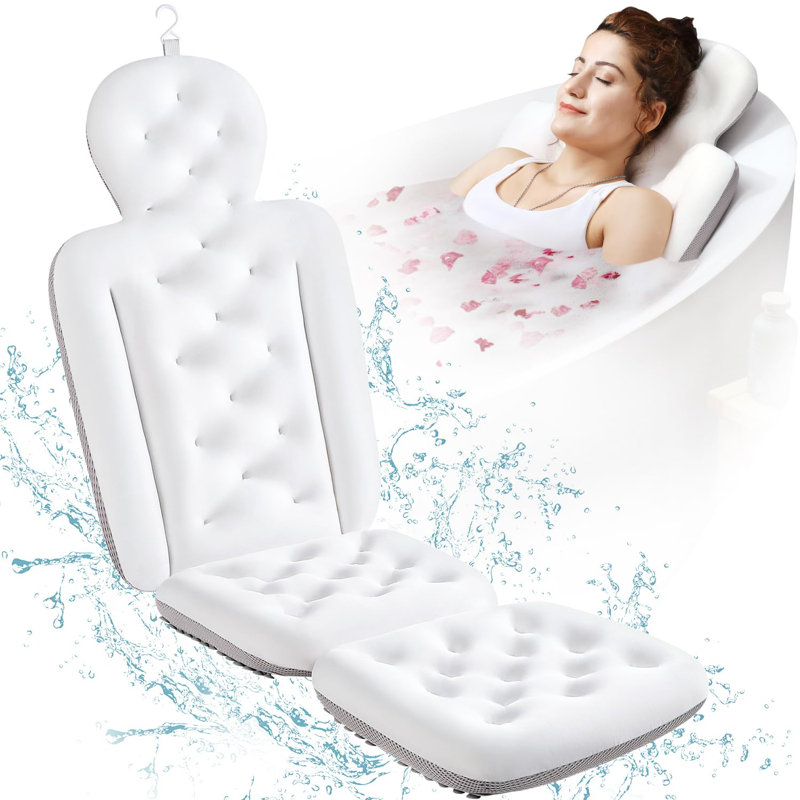 Coussin de bain complet pour baignoire, coussin de baignoire épais avec sac à linge, coussin de baignoire de luxe pour appui-tête, cou et soutien dorsal blanc 51 po x 16 po
