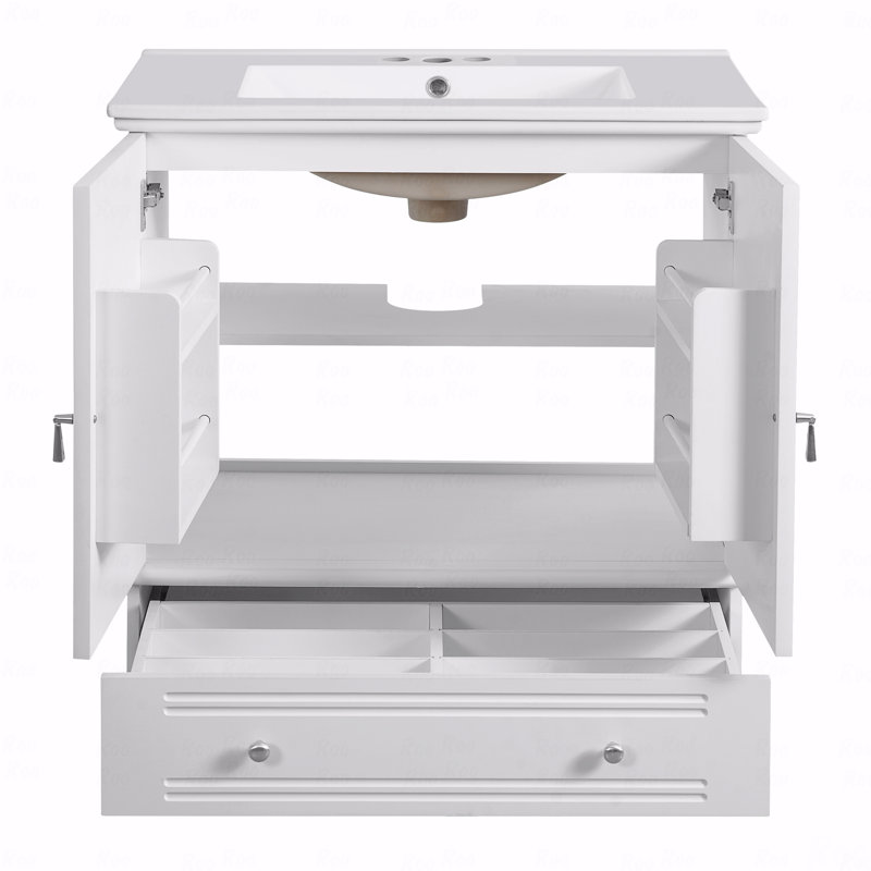 Meuble-lavabo de 30 po avec lavabo en céramique, meuble-lavabo à cadre en bois massif avec tablette réglable, tiroir avec cloison, pieds en bois massif