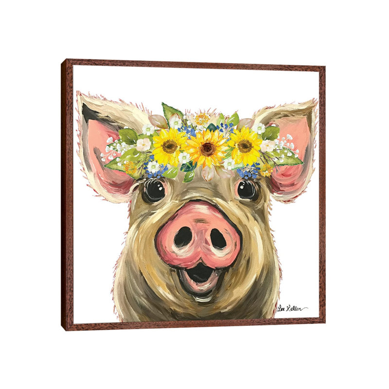 Posey The Pig With Sunflower Flower Crown - Painting on Canvas, 93.98cm H x 93.98cm W x 3.81cm D, Brown Framed