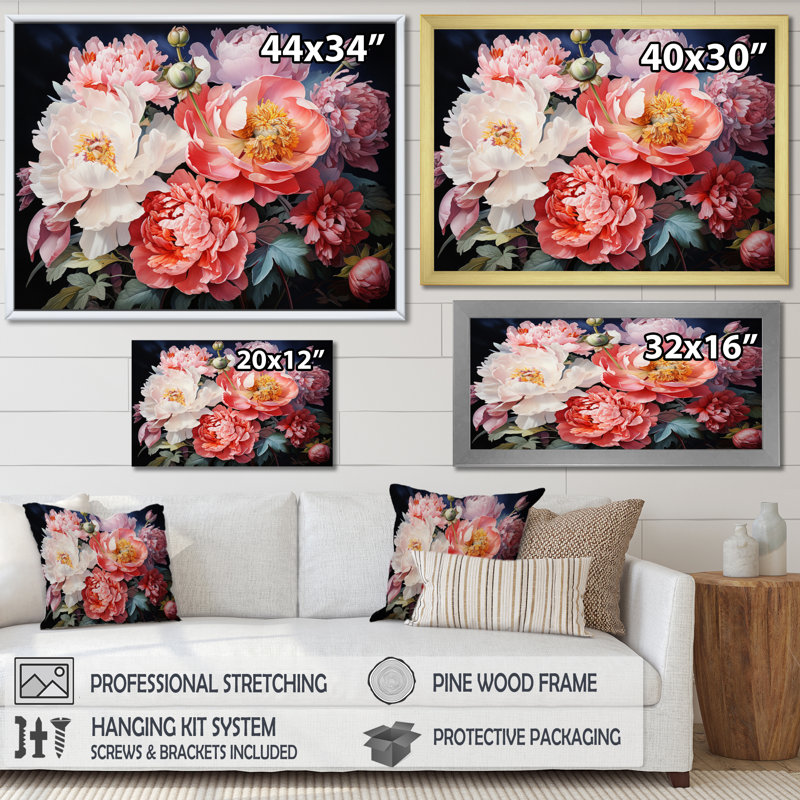 China Peony Bouquet On Canvas Print, Gold Floater Framed, 12" H x 20" W x 1" D