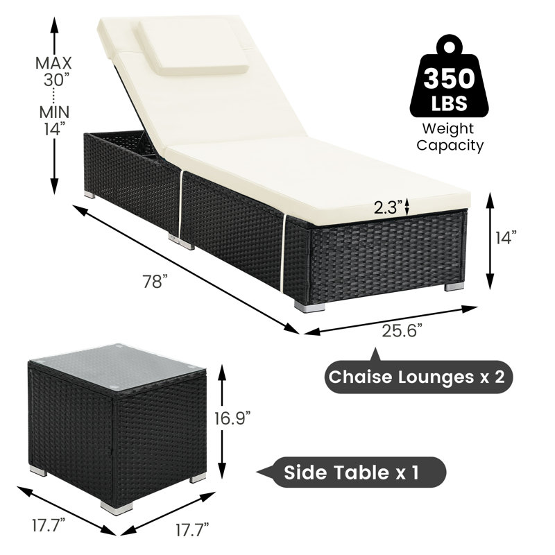 Set of 2 All-Weather Wicker Outdoor Chaise Lounges - Adjustable Backrest, Washable Cushions with Side Table, Ivoire ivoire