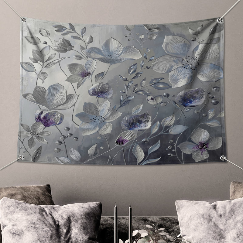 Tapisserie murale fleurs grises et blanches, H 50 po x l 60 po avec 4 œillets