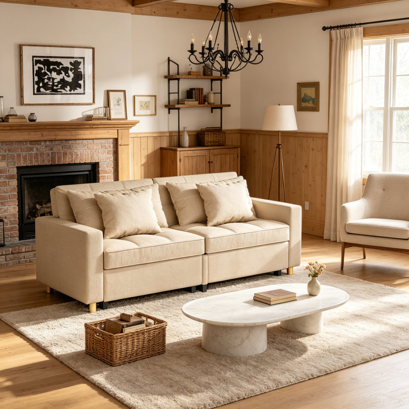 Borchert 2 Seater Fabric Sofa Bed, Beige Linen