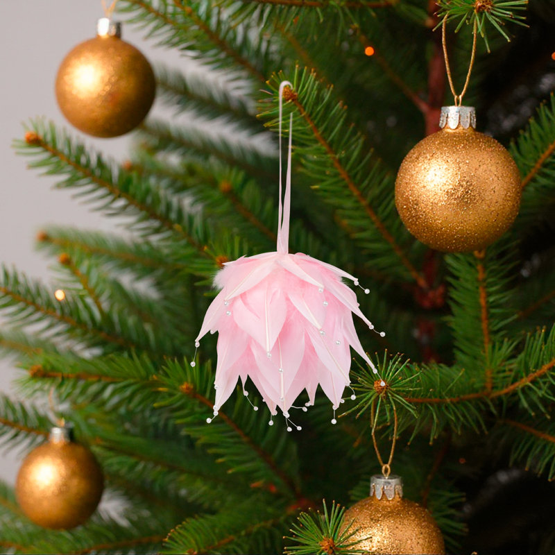 Ornement de Noël boule de plumes avec perles - 4,25 po - rose et blanc