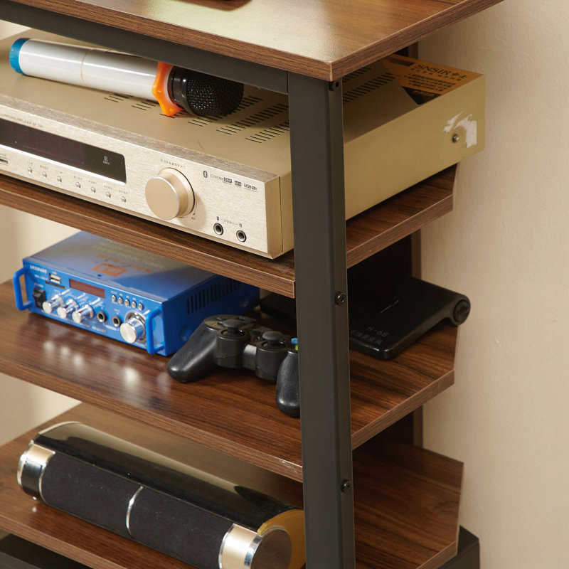 Meuble télé, meuble audio-vidéo, tour audio d'angle avec tablettes de rangement et structure en acier