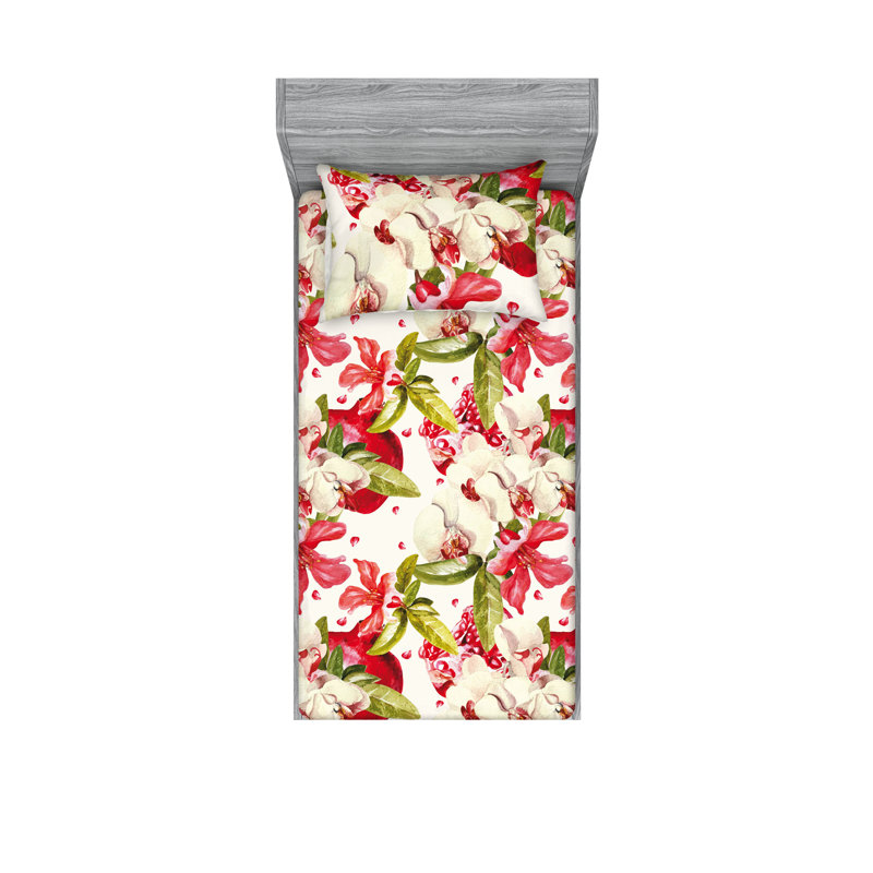 Drap-housse et taie décorative Orchidées Grenades Rose foncé vert Ambesonne