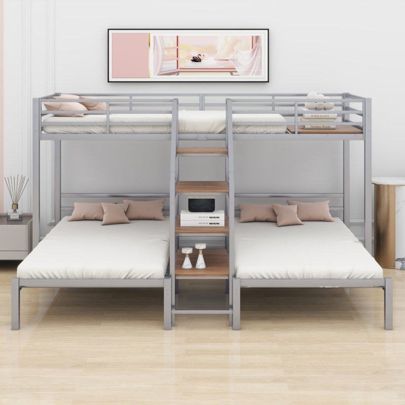Lit superposé triple en métal avec tablettes de rangement et escalier, Argent argent
