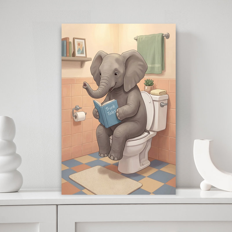 Elephant Reads On Toilet by Andreas Magnusson - Wrapped Canvas Print, 45.72 cm H x 30.48 cm W