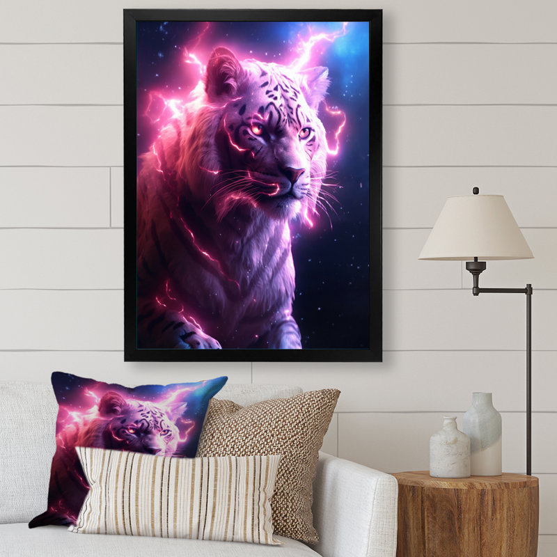 Tigre de rose éclairant sur toile, Cadre simple noir, H 20 po x l 12 po x P 1 po