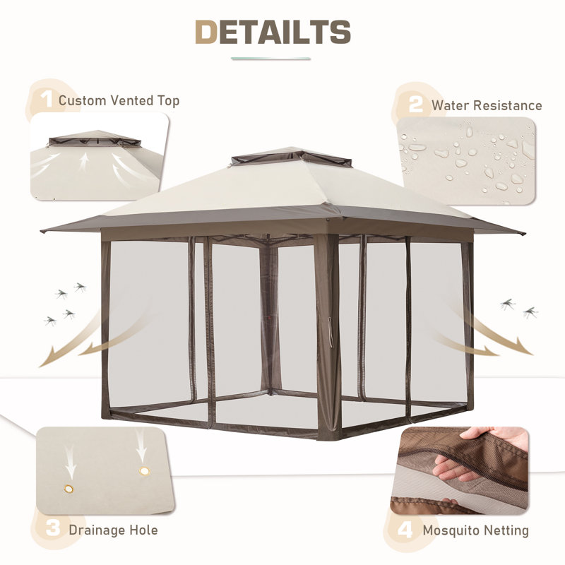 Beige and Brown Metal Pop-Up Patio Gazebo with Mosquito Netting