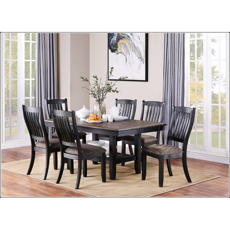 Ensemble de table de salle à manger 7 pièces en bois d'hévéa foncé avec tablette et 6 chaises d'appoint