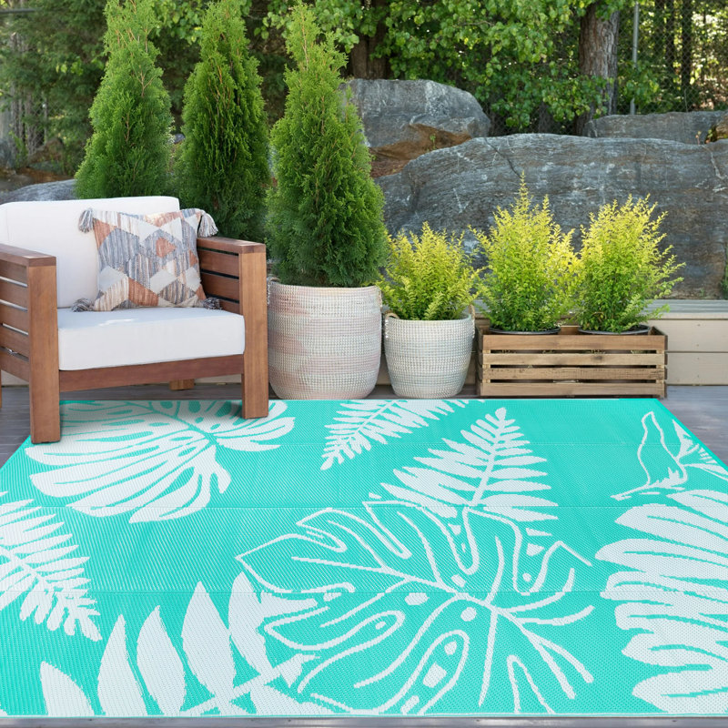 Ellie Reversible Leaf Outdoor Rug, Rectangle 9' x 12', Blue