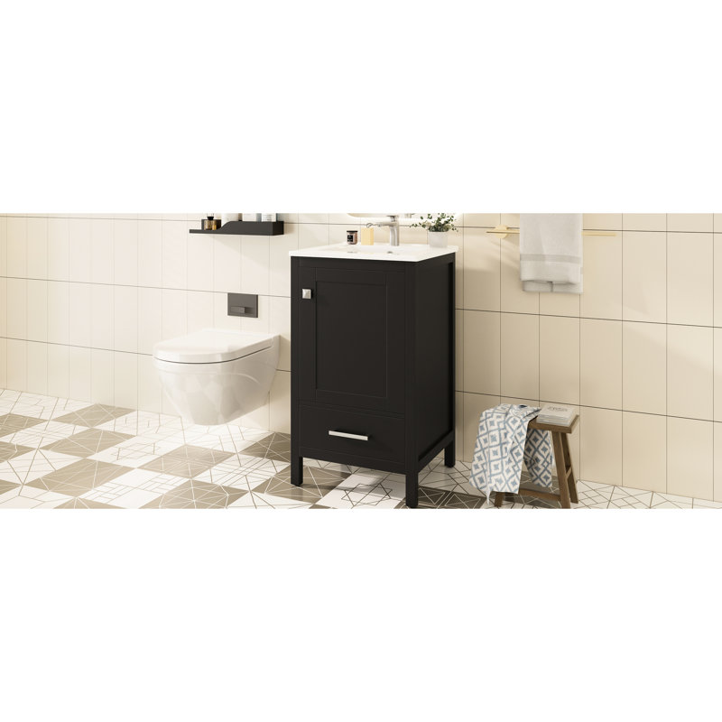 Meuble-lavabo compact de 20 pouces avec lavabo en céramique, tiroir à fermeture en douceur et structure de porte en bois massif à double couche, portes, support pour un rangement efficace