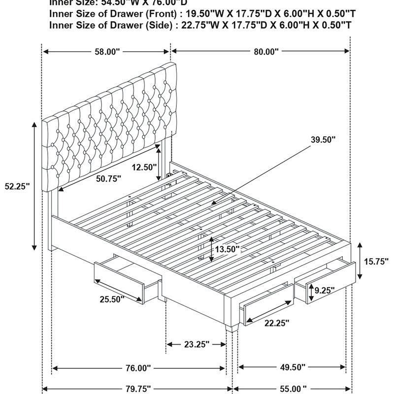 Lit double rembourré gris avec rangement, tête de lit à boutons, quatre tiroirs encastrés, bois massif et panneau de rangement avec matelas, tiroirs pour articles de chambre à coucher,