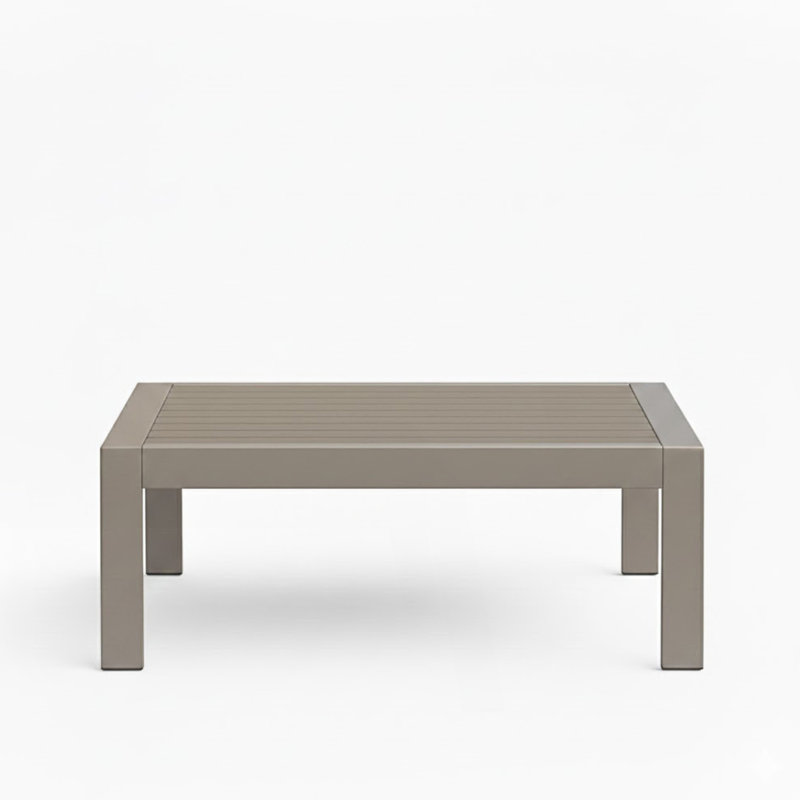 All-Weather Metal Outdoor Coffee Table With Wood-Look Top, Khaki