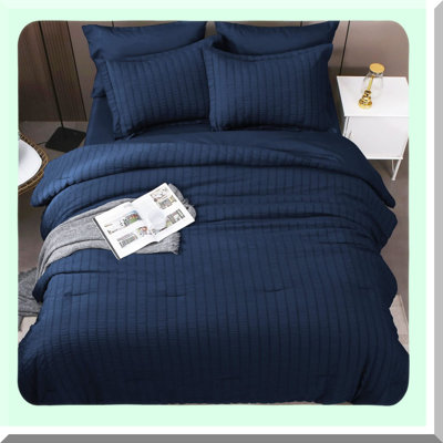 Luxury Seersucker Navy Blue Queen Bedding Set - 7 Piece Comforter Set for All Seasons, Includes Comforters, Sheets, Pillowcases, Shams - Bedroom Bed in a Bag