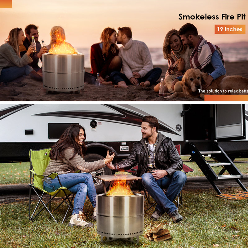 Sausa Round Stainless Steel Wood Burning Smokeless Fire Pit, 15" H x 19.7" W x 19.7" D