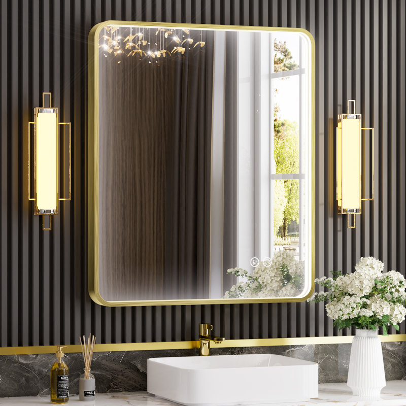 Miroir de salle de bain avec cadre en aluminium et éclairage à DEL, 36 po x 30 po, Doré