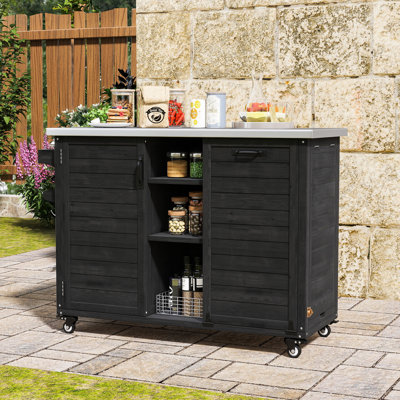 Outdoor Grill Cart Kitchen Island with Stainless Steel Top, Hidden Trash Cabinet and Adjustable Shelves
