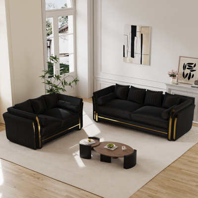 2-Piece Velvet Sofa Set with Double-Layer Gold Accent Arms