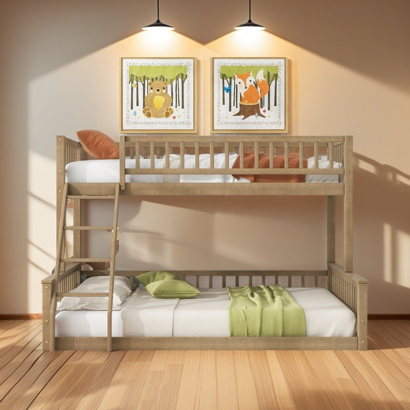 Twin XL Over Queen Bunk Bed With Ladder And Guardrails, Walnut