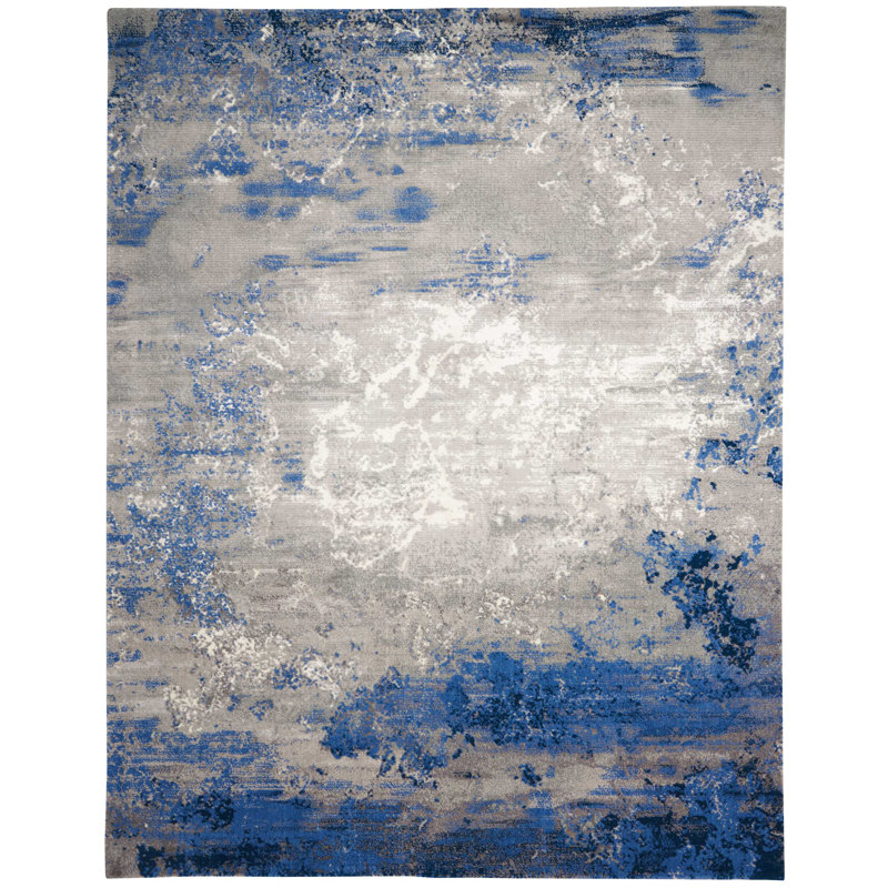 Tapis abstrait bleu / gris Haseltine, Rectangle 8 pi 6 po x 11 pi 6 po