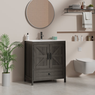 Bathroom Vanity With Ceramic Sink and Faucet, Vanity With Hidden Storage Space