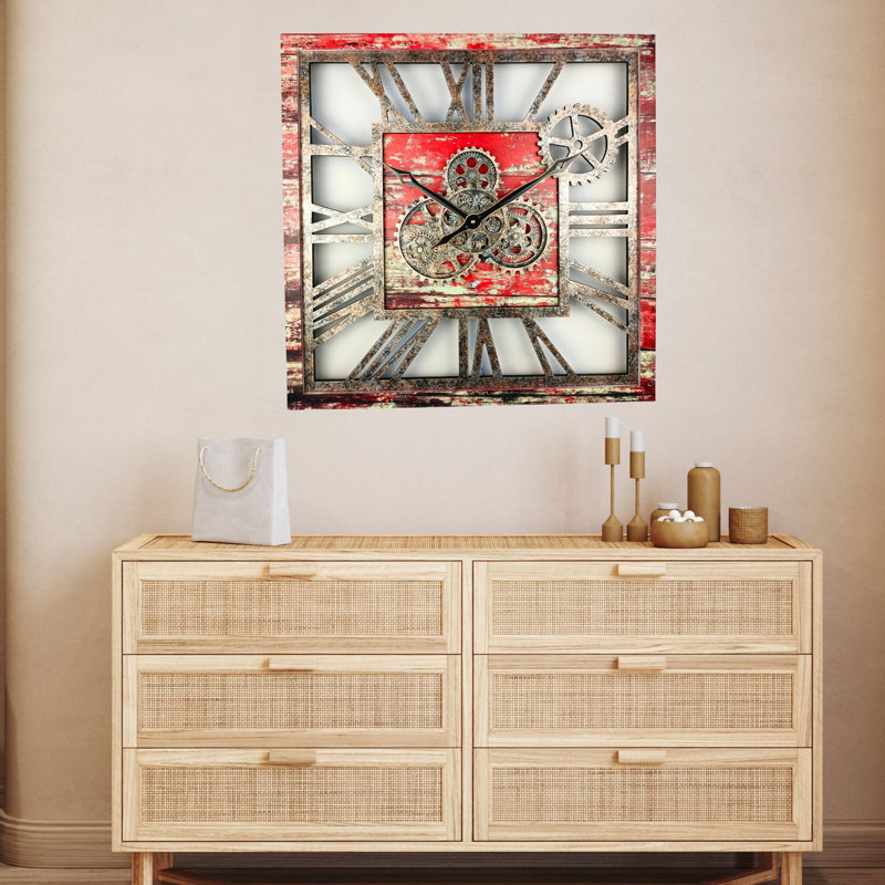 Wall Clock 24" Square Oversized for Living Room decor with Real Moving Gears America Collection, Red