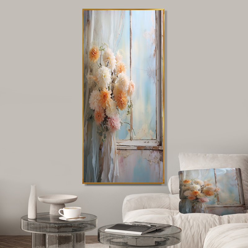 «Delicate Vintage Flower French Windows View I - Floral Window», art mural, Cadre flottant doré, H 60 po x l 28 po x P 1,5 po