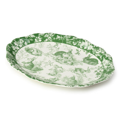 Le Jardin 16 x 12 Inch Oval Platter – Bunny Stoneware Turkey Platter for Spring Feasts & Easter Celebrations – Elegant Serving Tray for Family Entertaining