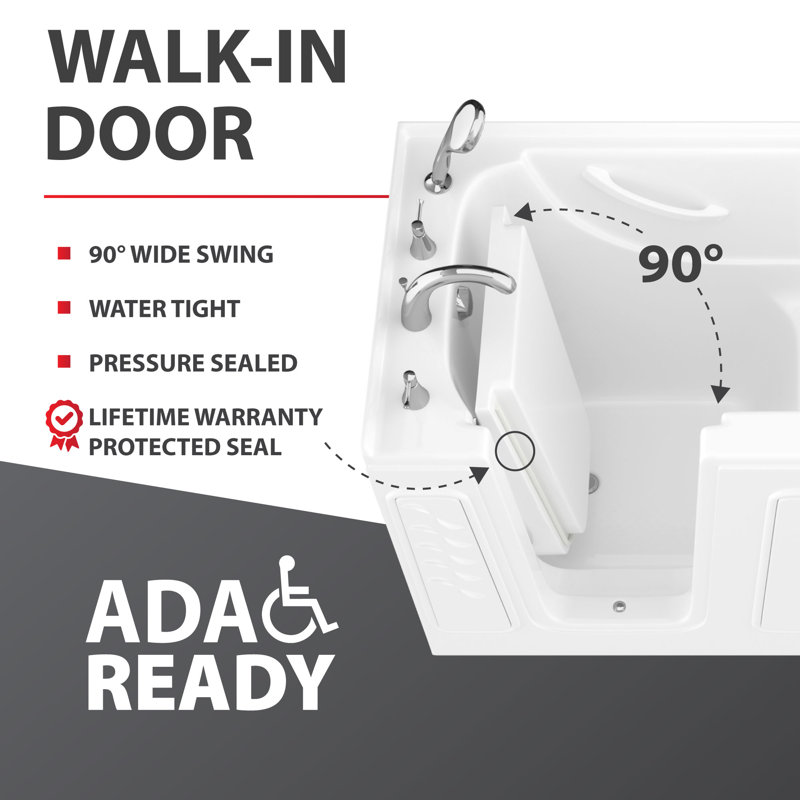 Nova Heated Series 26" x 53" Right Side Drain Soaker Bathtub in White with Matching Smooth Shower Wall Kit, Right, White