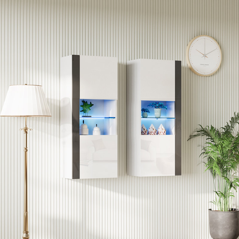 Bhhatu 2 Piece Modern Floating Shelf with Lights,White, White
