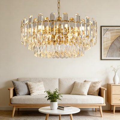 Modern 3-Tier Crystal Chandelier With 12 Lights, Fully Transparent K9 Crystal And Gold Frame, Adjustable Pendant Lighting For Dining Room, Living Room, Foyer