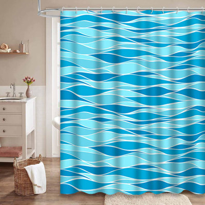 Waterproof Marine Blue Abstract Line Bath Ocean Wave Shower Curtain with 12 Hooks