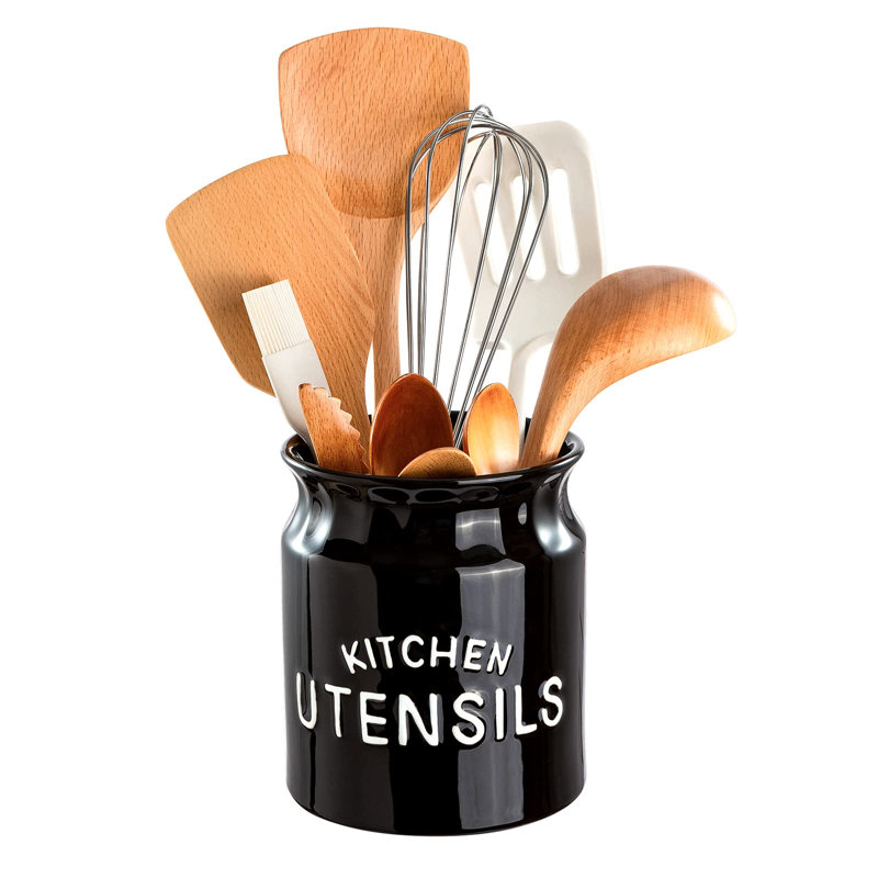 Porte-ustensiles de cuisine en céramique pour comptoir, grand pot à ustensiles de cuisine de 6,5 po pour comptoir de cuisine, noir