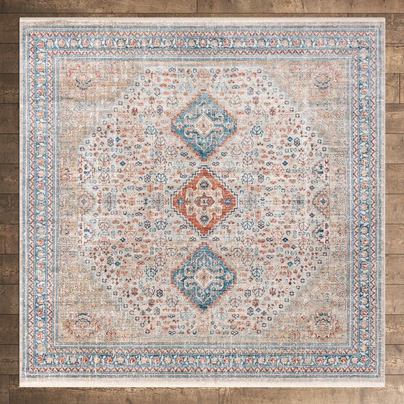 Tapis beige / bleu / gris Kaleigh, Carré 8 pi