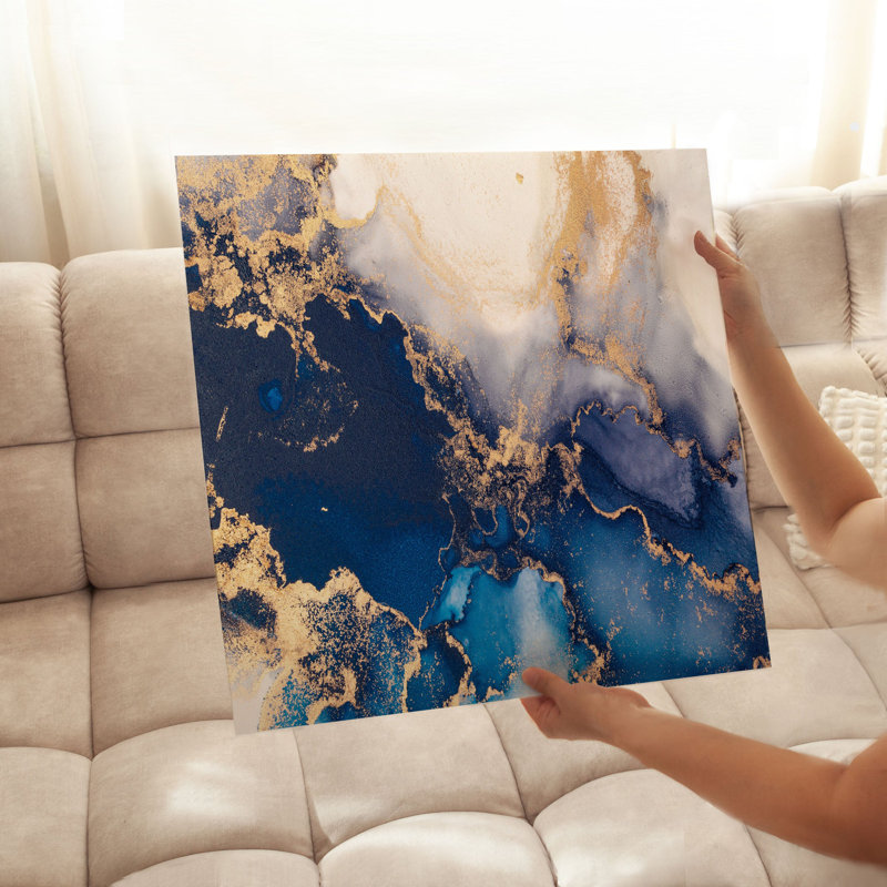 Abstrait moderne, agate de cristal, bleu et or, reproduction d'art moderne sans cadre, H 14 po x l 14 po