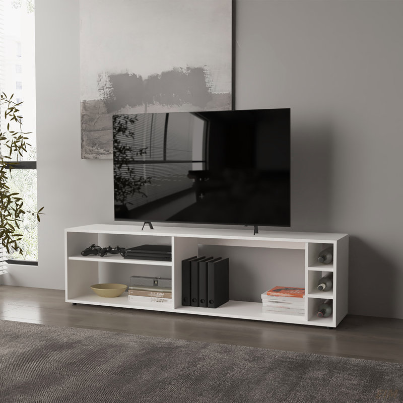 Meuble télé pour écran de 70 po avec rangement ouvert et finition en mélamine, Blanc