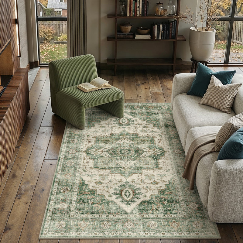 Tapis vert Artisanal avec lavable à la machine et antidérapant, Vert, Rectangulaire 3 pi x 5 pi