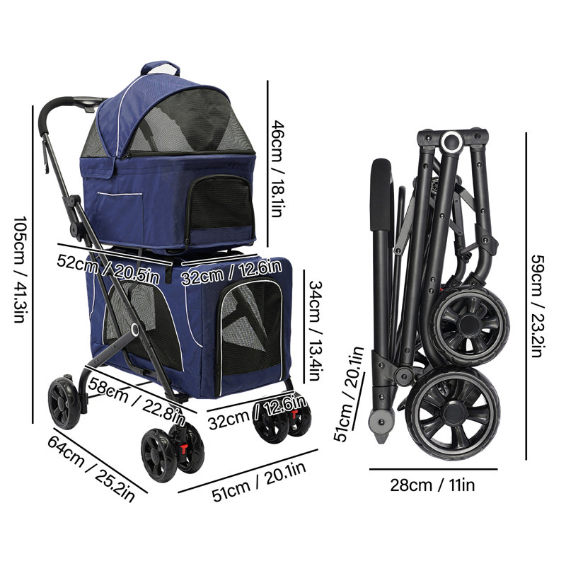 Poussette pliable pour animal de compagnie, chariot de transport pour chien et chat, Bleu