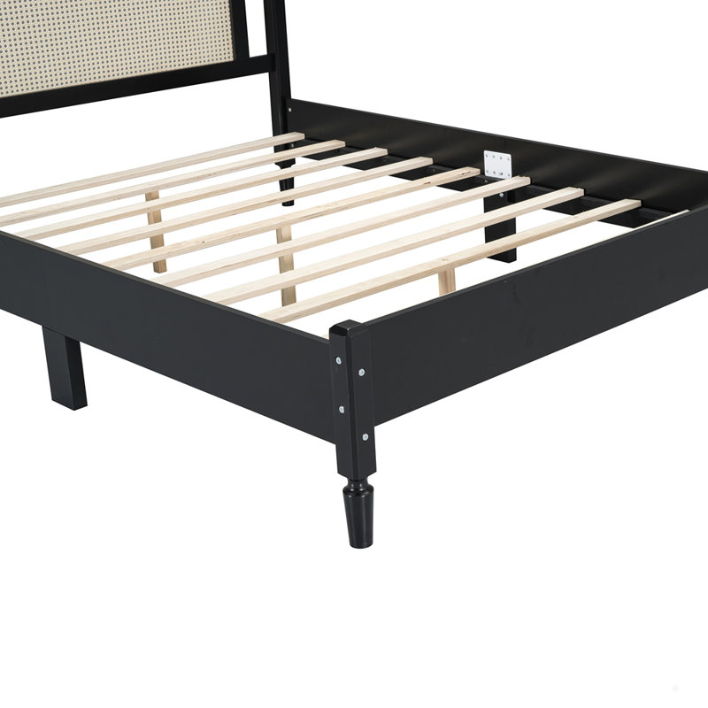 Base de lit plateforme en bois avec tête de lit en rotin, Noir, Grand lit
