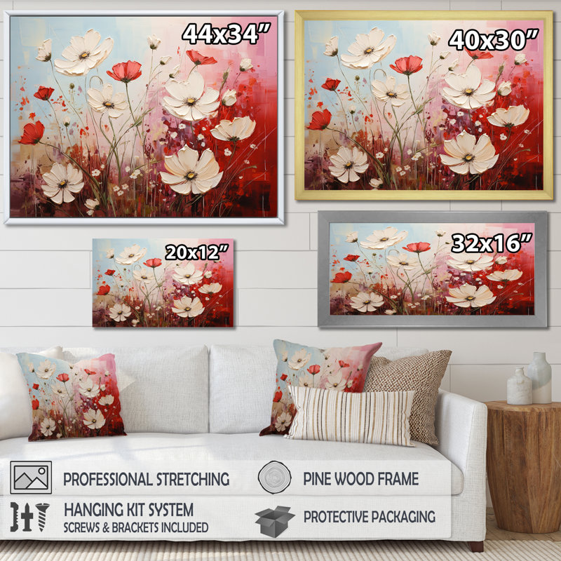 Pétales de cramoisi blancs et rouges dévoilés sur toile, Cadre flottant blanc, H 16 po x l 32 po x P 0,5 po