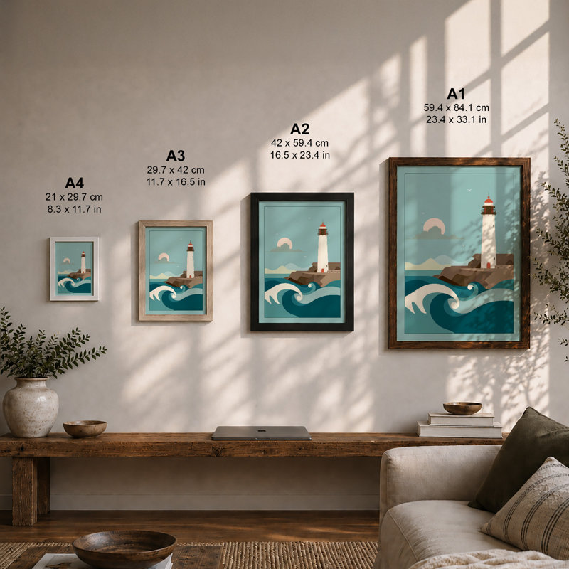 Lighthouse by Moonlight Coastal - Framed Print, A4 - 29.7 x 21.0 cm, Walnut