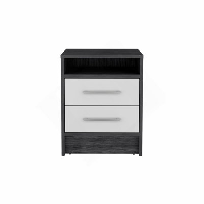 Table de chevet, deux tiroirs, finition chêne fumé / blanc