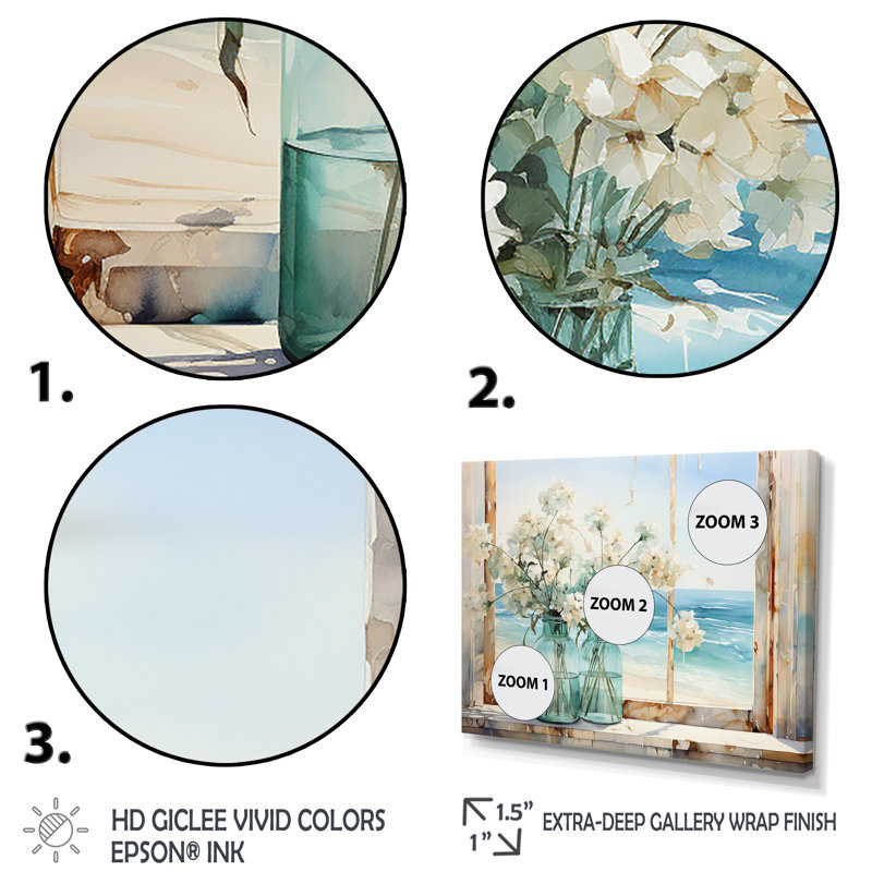«Blue Window Beachfront View Blooms I» - art mural fenêtres côtières, Cadre flottant noir, H 16 po x l 32 po x P 1 po