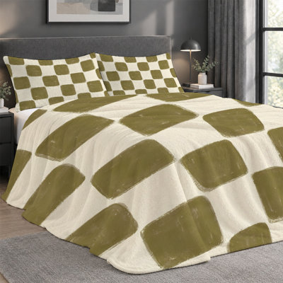 Ensemble de couverture légère en flanelle de qualité supérieure et 2 taies décoratives avec damier vert olive et crème, ensemble de literie confortable ultra-douce et chaude pour toutes saisons, couverture 60 po x 80 po + 2 taies d'oreiller anti-boulochage et lavable à la machine (ensemble de 3)