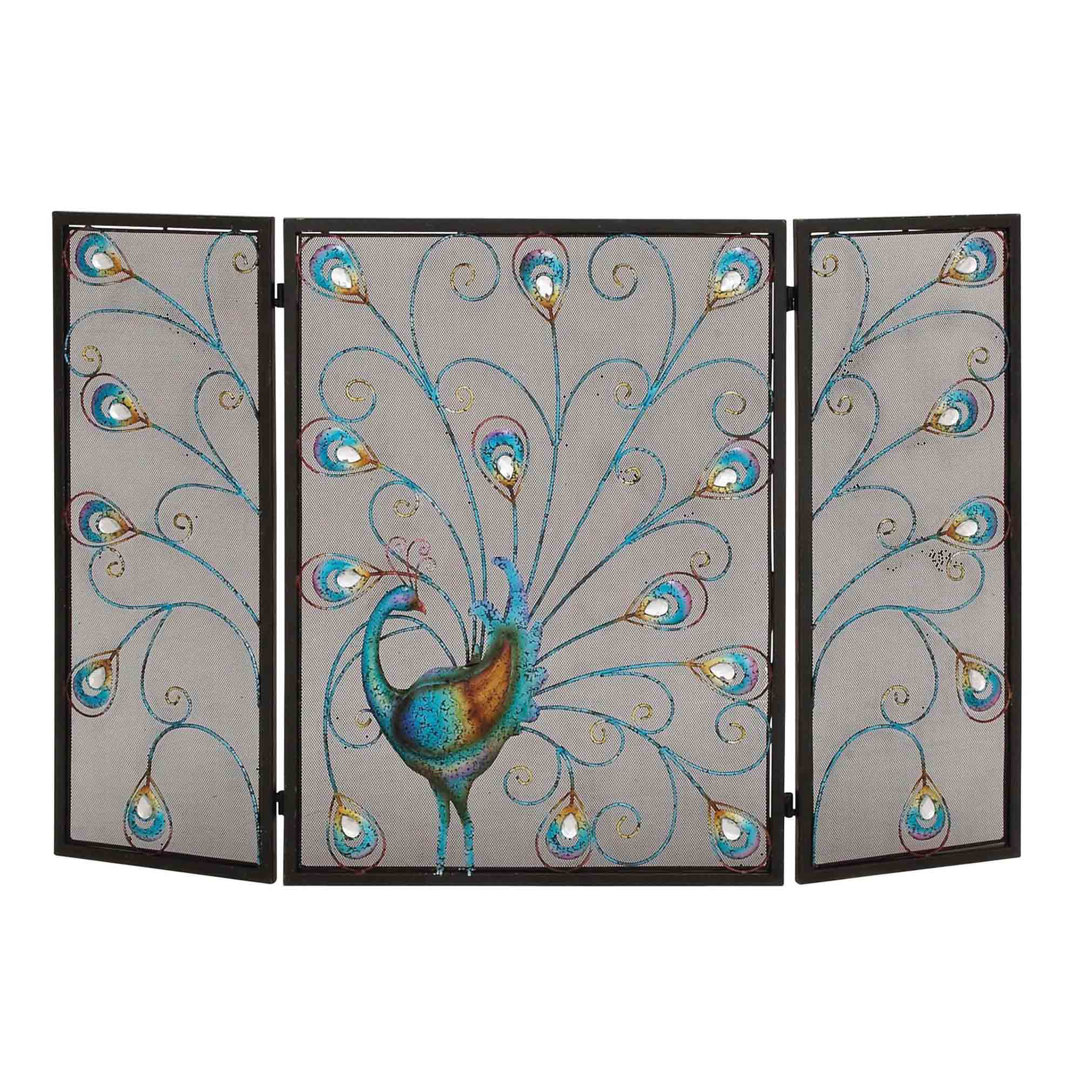 Odakotah Peacock Theme Metal 3 Panel Mesh Fireplace Screen, Multicolor Bungalow Rose