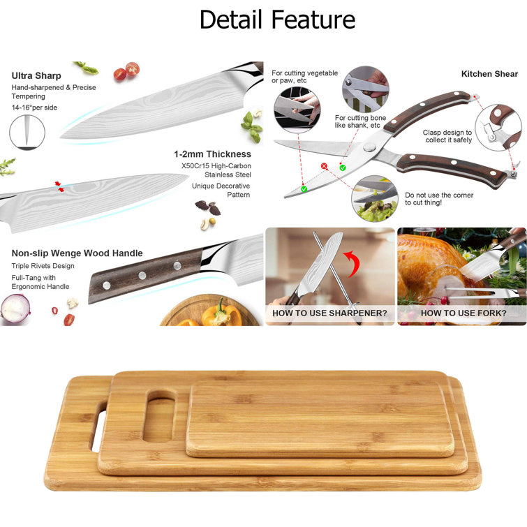 Flenc Kai 24pcs High-end Kitchen Knife with 3pcs Rayon from Bamboo Wood Board Set FKKSDR-1