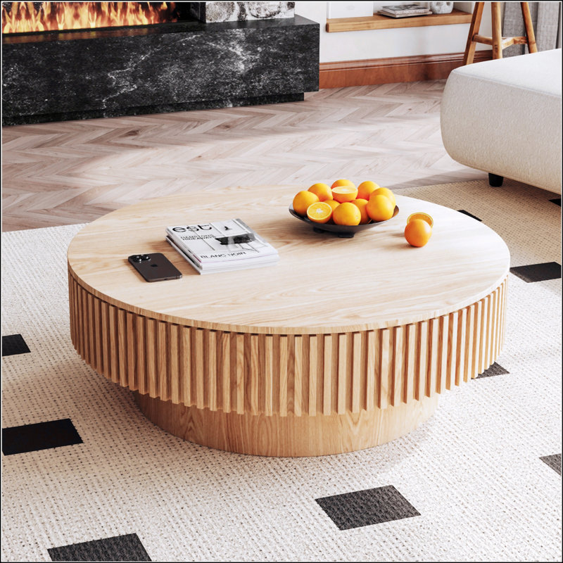 Table basse ronde avec rangement, table d'appoint moderne en placage de bois massif pour le salon et le bureau, Naturel